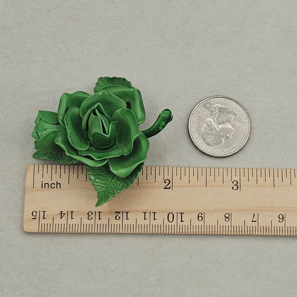 Vintage Green Rose Brooch Floral Leaf Kitschy Mid Century Retro 2 inch Pin